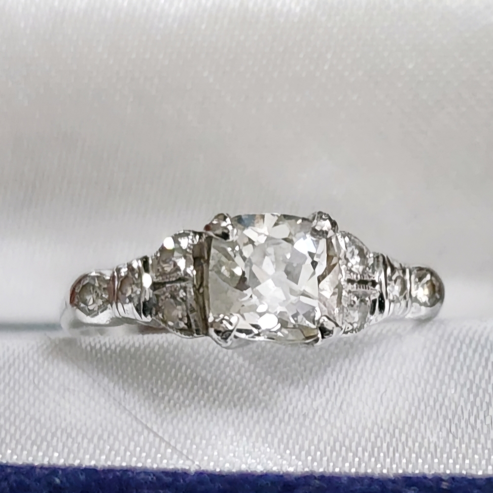 VINTAGE Platinum Cushion Cut Diamond Engagement Ring circ 1920's